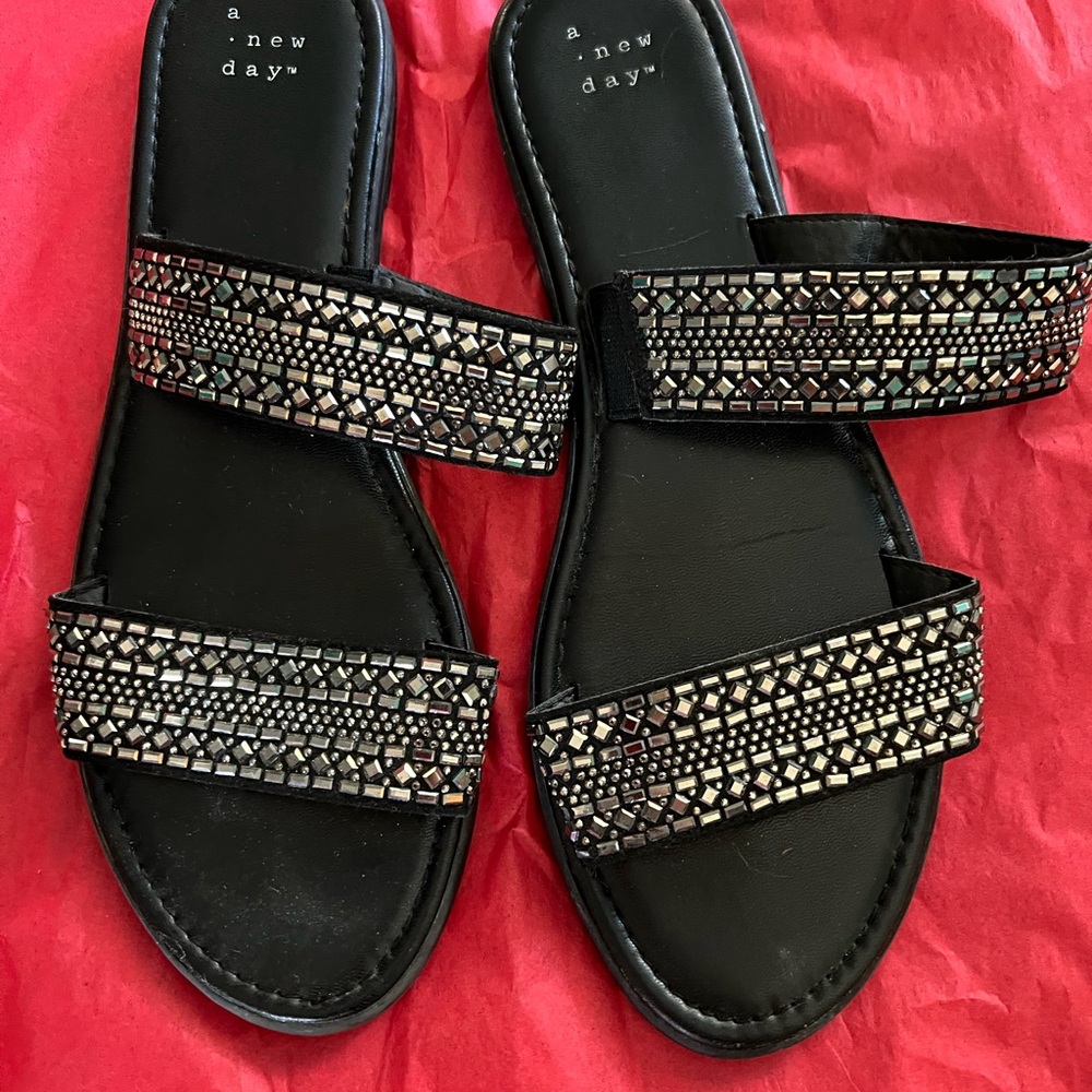 Metallic beaded sandals- black